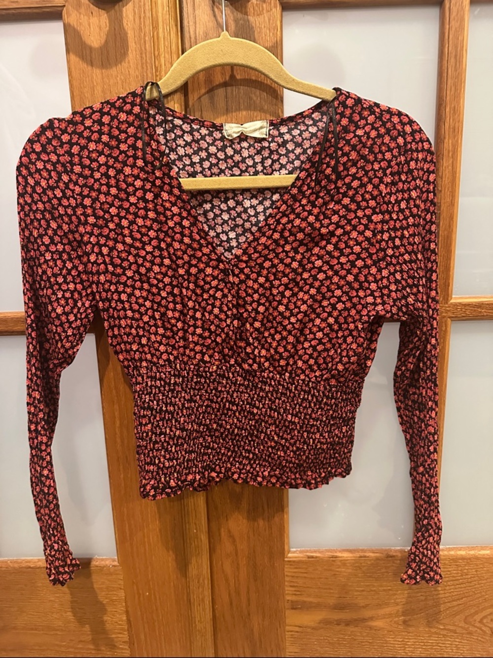 Altar'd State Red Floral V-Neck Smocked Waist Blouse​ - Picture 3 of 7